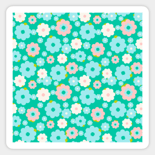 Small blue, white and pink flowers over a turquoise background Sticker